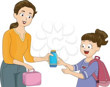Illustration of a Mother Giving Her Daughter Her Packed Lunch