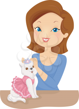 Illustration of a Pretty Woman Dressing a Cat in Cute Outfits