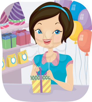 Illustration of a Female Shop Attendant at a Store That Sells Party Supplies