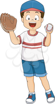 Illustration of a Boy Wearing a Baseball Mitt on One Hand and Holding a Baseball in the Other