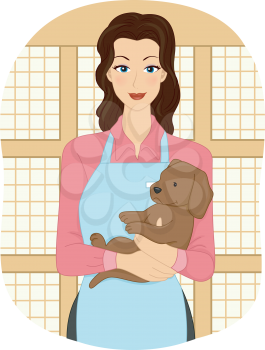 Illustration Featuring a Female Pet Shop Attendant Cradling a Puppy