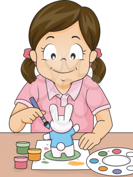 Illustration of a Girl Painting a Rabbit Figurine