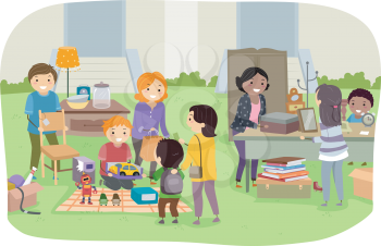 Illustration Featuring Families Holding a Yard Sale