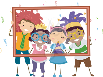 Illustration Featuring a Group of Kids Wearing Party Costumes Holding a Hollow Frame