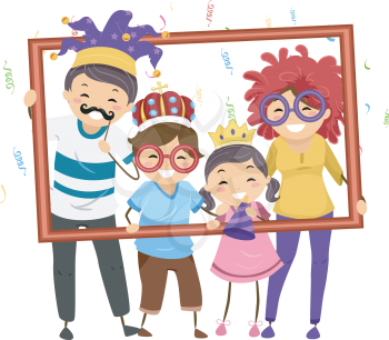 Illustration Featuring a Family in Party Costumes Holding a Hollow Frame
