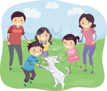 Illustration Featuring a Family Playing with Their Dog