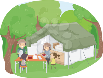 Illustration Featuring a Family Having a Picnic Beside a Safari Tent