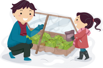 Illustration Featuring a Father and Daughter Tending to Their Winter Garden