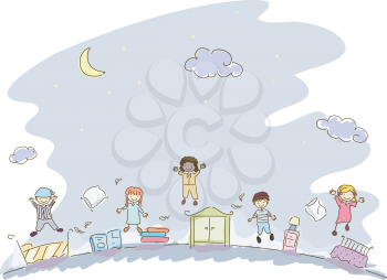Illustration Featuring Kids in Sleepwear Having a Slumber Party
