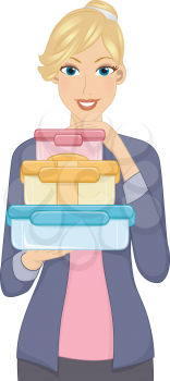 Illustration Featuring a Woman Carrying a Stack of Food Containers