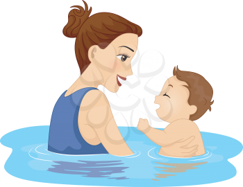 Illustration Featuring a Mother and Her Son Taking a Swim