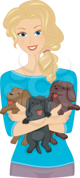 Illustration Featuring a Girl Carrying Puppies in Her Arms