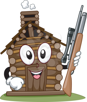 Mascot Illustration Featuring a Hunting Cabin Holding a Rifle