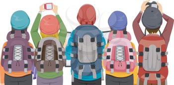 Back View Illustration Featuring a Group of Hikers Taking Photographs