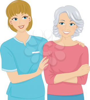 Illustration Featuring a Female Nurse and Her Elderly Patient