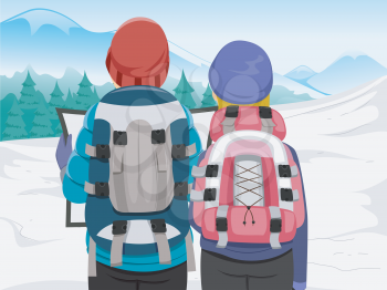 Illustration Featuring a Hiking Couple Examining a Travel Map