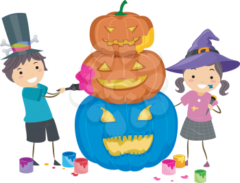 Illustration Featuring Kids Painting Pumpkins