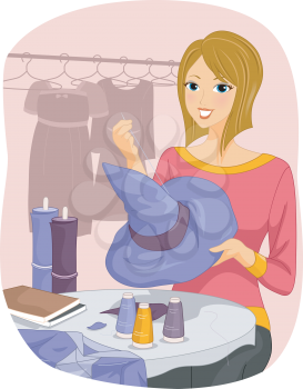Illustration Featuring a Woman Sewing a Halloween Costume