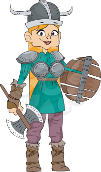 Illustration Featuring a Woman Wearing a Viking Costume and Carrying Viking Weapons
