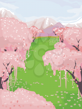 Illustration Featuring a Snowy Mountain Surrounded by Cherry Blossoms