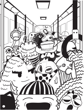 Doodle Illustration of Cute Monsters in a Crowded Subway Station