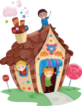 Illustration of Kids Playing in a Fancy House Made of Candies