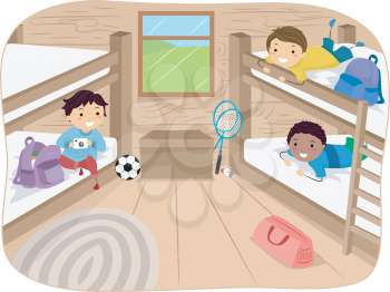 Illustration of Little Boys Sharing a Cabin in a Camp