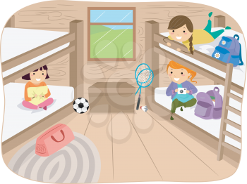 Illustration of Little Girls Sharing a Cabin in a Camp