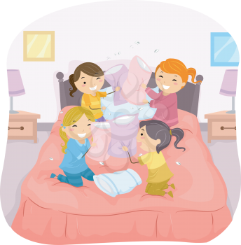Illustration of Girls in a Slumber Party Having a Pillow Fight