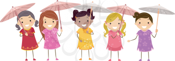 Illustration of Girls in Chinese Dresses Holding Chinese Parasols