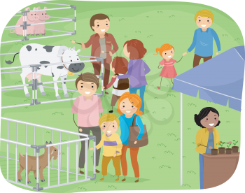 Illustration of a Family Observing Stalls in a Farm Expo