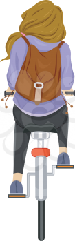 Back View Illustration of a Teenage Girl Riding on Her Bike