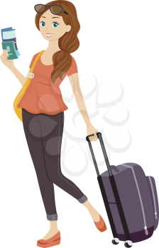 Illustration of a Teenage Girl Holding Her Passport in One Hand and Dragging a Piece of Luggage With the Other