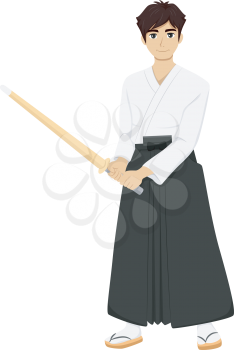 Illustration of a Teenage Boy Wearing Kendo Uniform Holding a Bamboo Stick