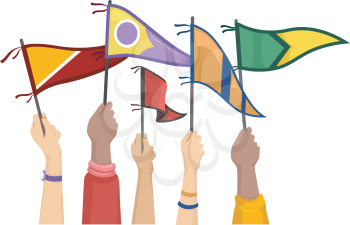 Cropped Illustration of Students Raising College Flags