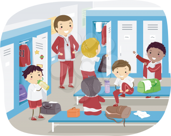 Stickman Illustration of Boys Changing in the Locker Room