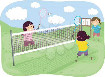 Stickman Illustration of Girls Playing Badminton in a Park