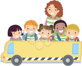 Stickman Illustration of Kids and Their Teacher Holding a Banner in the Shape of a Bus
