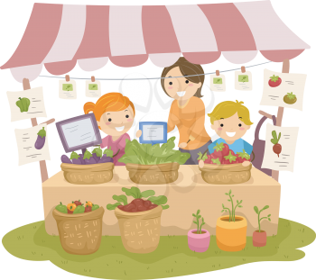 Illustration of Stickman Kids Manning a Fruit and a Vegetable Stand