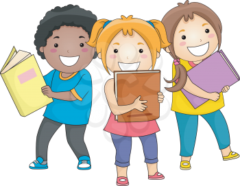 Illustration of Smiling Kids Carrying Thick Books