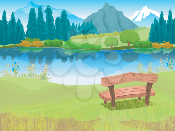 Illustration of Bench Sitting Beside a Lake Located at the Foot of a Mountain