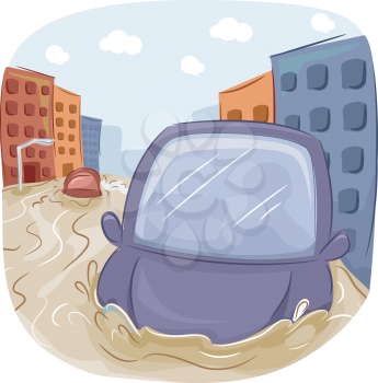 Illustration of a Car Stranded in a Flooded City