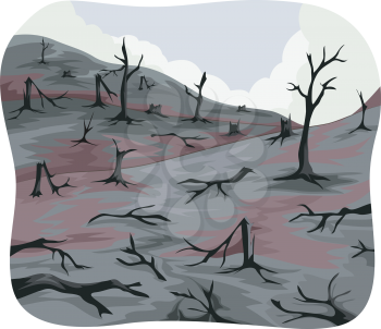Illustration of Charred Trees Left Behind by a Forest Fire