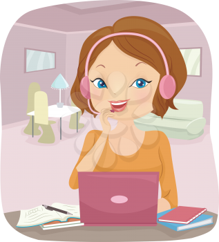 Illustration of a Girl Studying Her Lessons Online