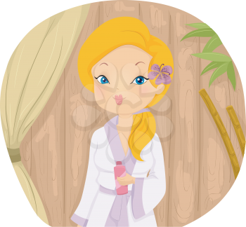 Illustration of a Girl in a Spa Wearing a Standard Bathrobe and a Piece of Flower on Her Ear
