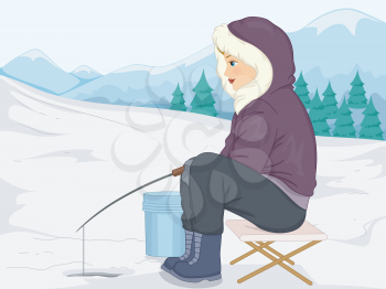 Illustration of a Girl in Thick Winter Clothing Fishing in the Ice
