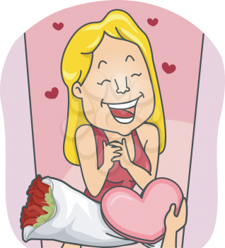 Illustration of a Woman Gleefully Receiving a Bouquet of Flowers and a Box of Chocolates
