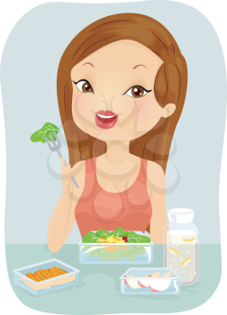 Illustration of a Woman Eating a Healthy Meal Pack