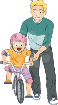 Illustration of a Father Teaching His Daughter How to Ride a Bike