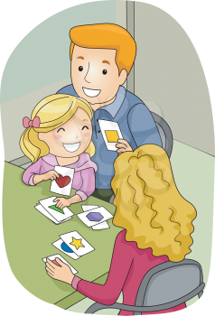 Illustration of a Father and Mother Using Flashcards to Teach Their Daughter How to Identify Shapes